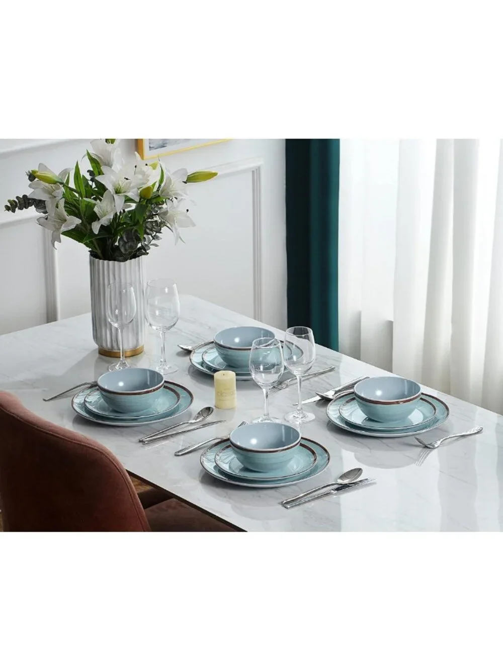 Stylish Mint Blue Melamine Dinnerware Set for 4 - 12 Pcs, Dishwasher Safe & BPA